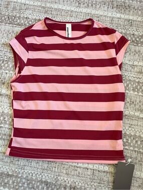 Missguided Pink Burgundy Striped Knit Crew Neck Short Sleeve T-Shirt Size L NWT
